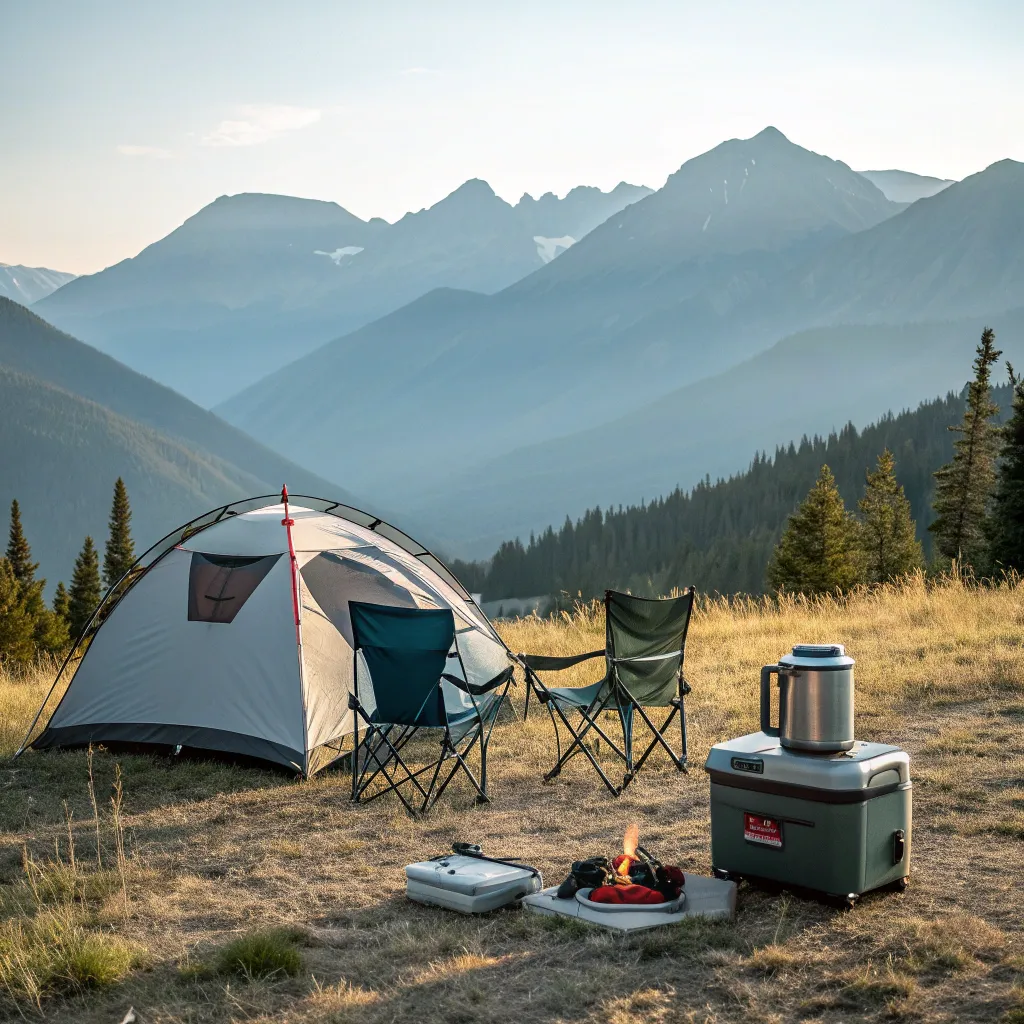 Camping gear setup in a scenic mountain background